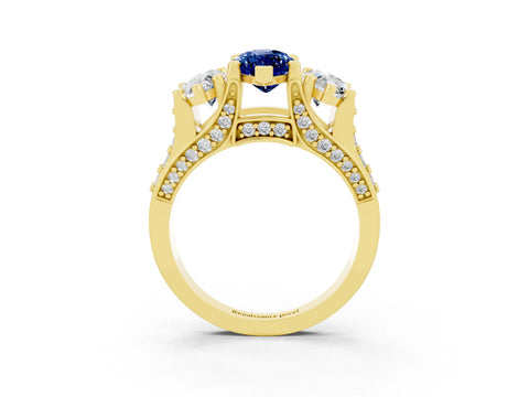 Yellow gold Marquise Cut Blue Sapphire Three-Stone Ring with Channel Set Band and Four-Prong Setting_3