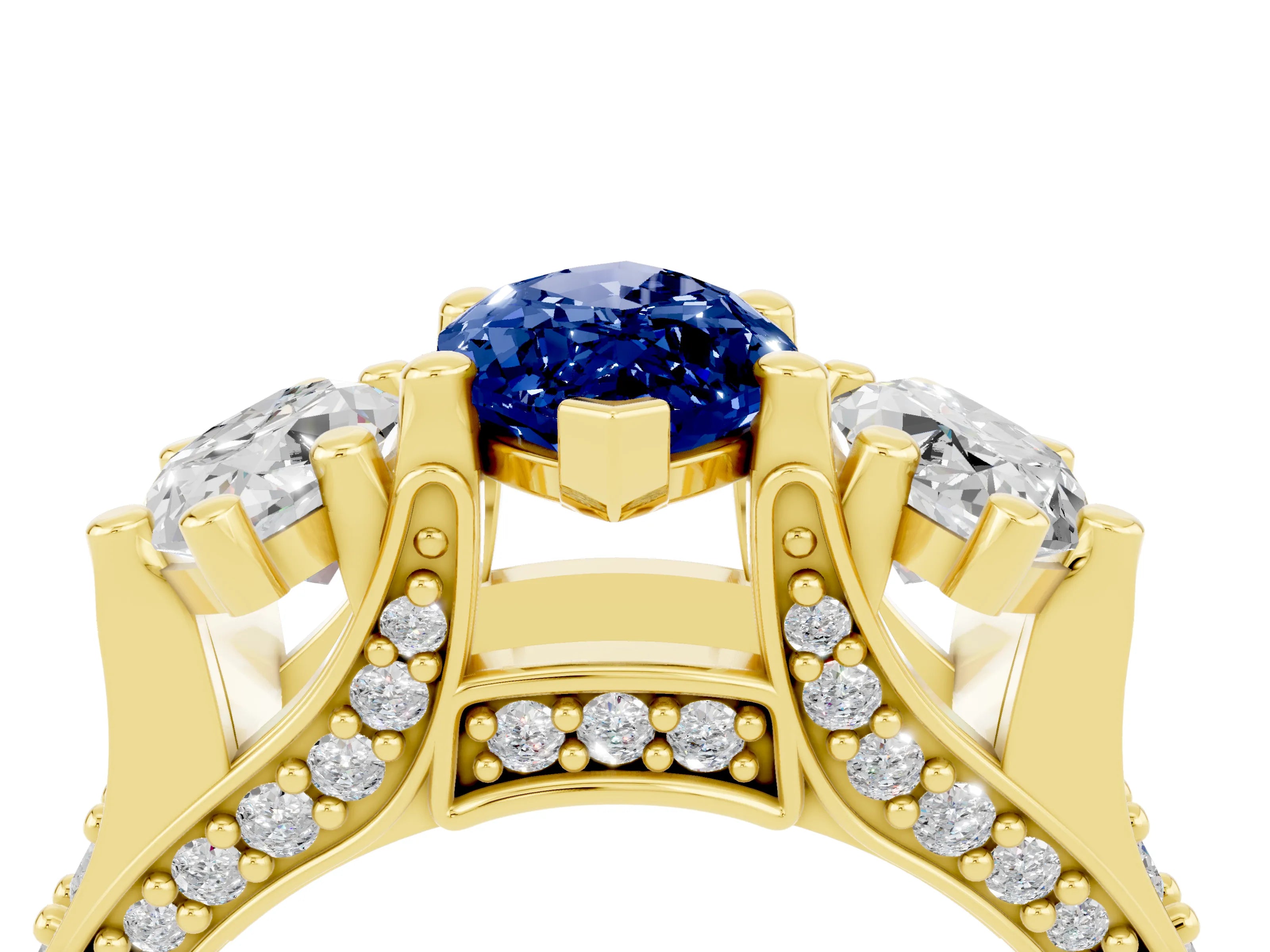 Yellow gold Marquise Cut Blue Sapphire Three-Stone Ring with Channel Set Band and Four-Prong Setting_4