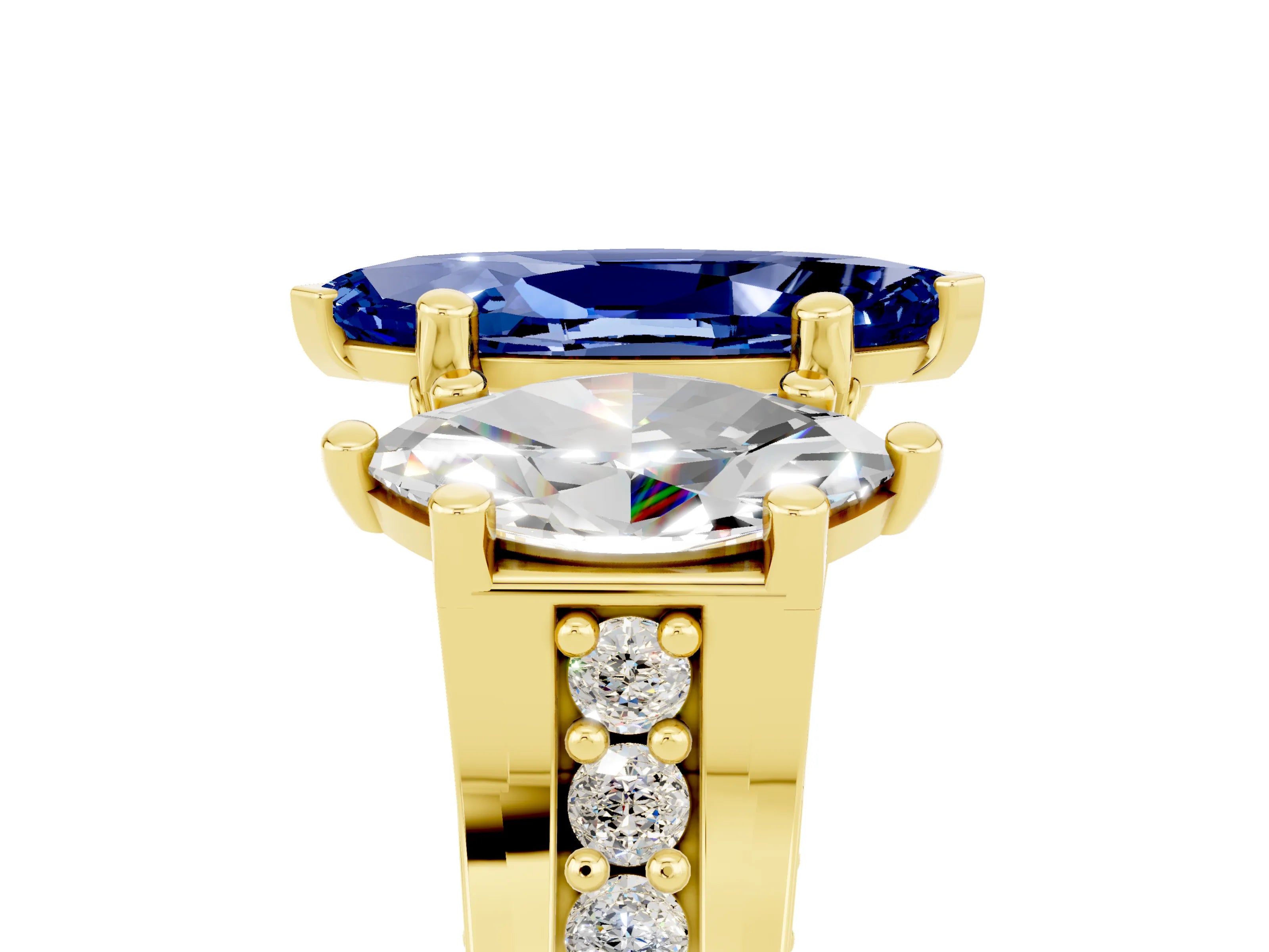 Yellow gold Marquise Cut Blue Sapphire Three-Stone Ring with Channel Set Band and Four-Prong Setting_5