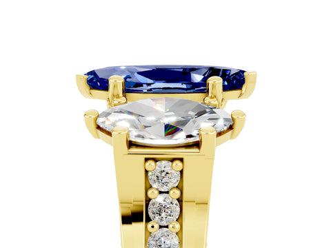 Yellow gold Marquise Cut Blue Sapphire Three-Stone Ring with Channel Set Band and Four-Prong Setting_5