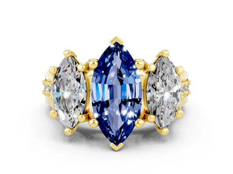 Yellow gold Marquise Cut Blue Sapphire Three-Stone Ring with Channel Set Band and Four-Prong Setting
