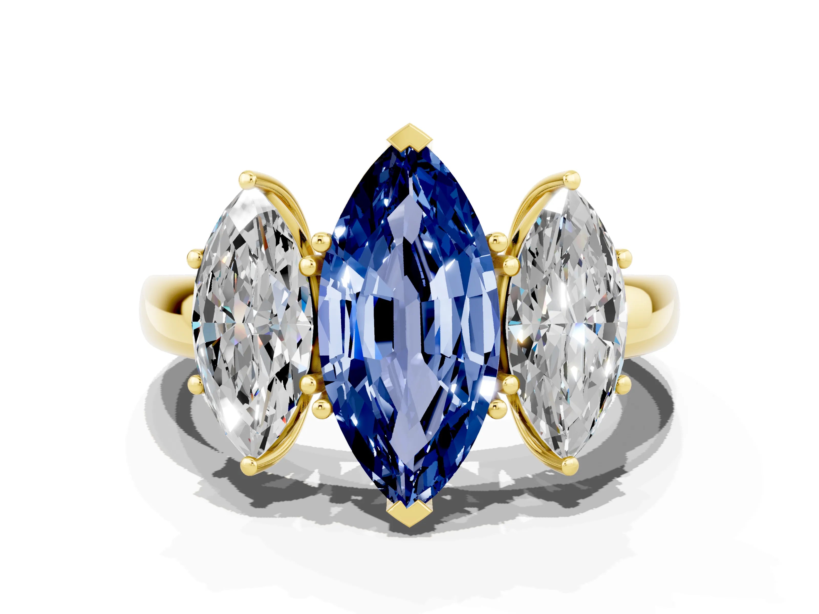 Yellow gold Marquise Cut Blue Sapphire Three-Stone Ring with Four-Prong Setting and Classic Band