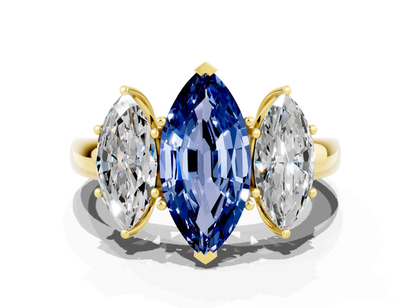 Yellow gold Marquise Cut Blue Sapphire Three-Stone Ring with Four-Prong Setting and Classic Band