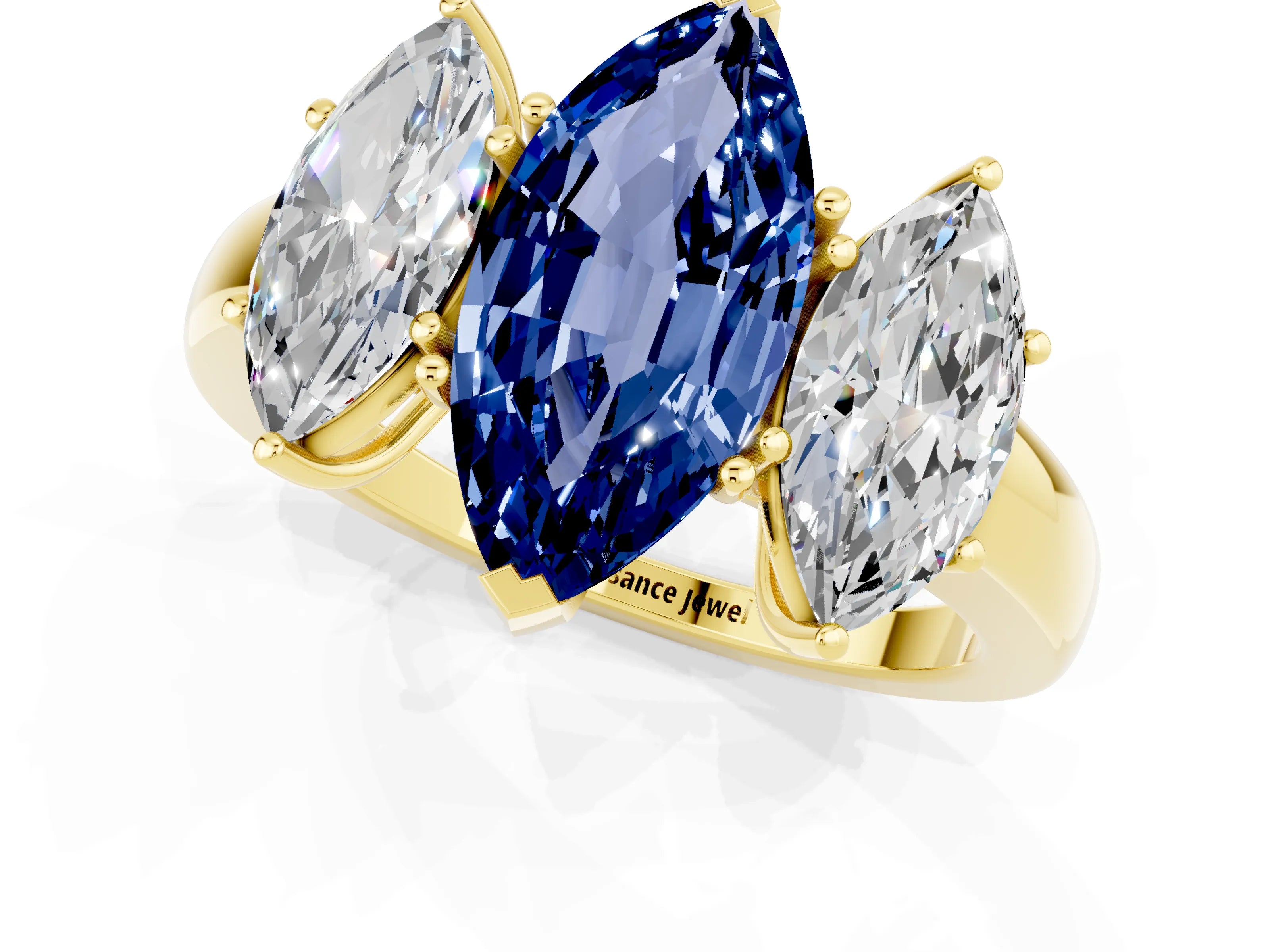 Yellow gold Marquise Cut Blue Sapphire Three-Stone Ring with Four-Prong Setting and Classic Band_1