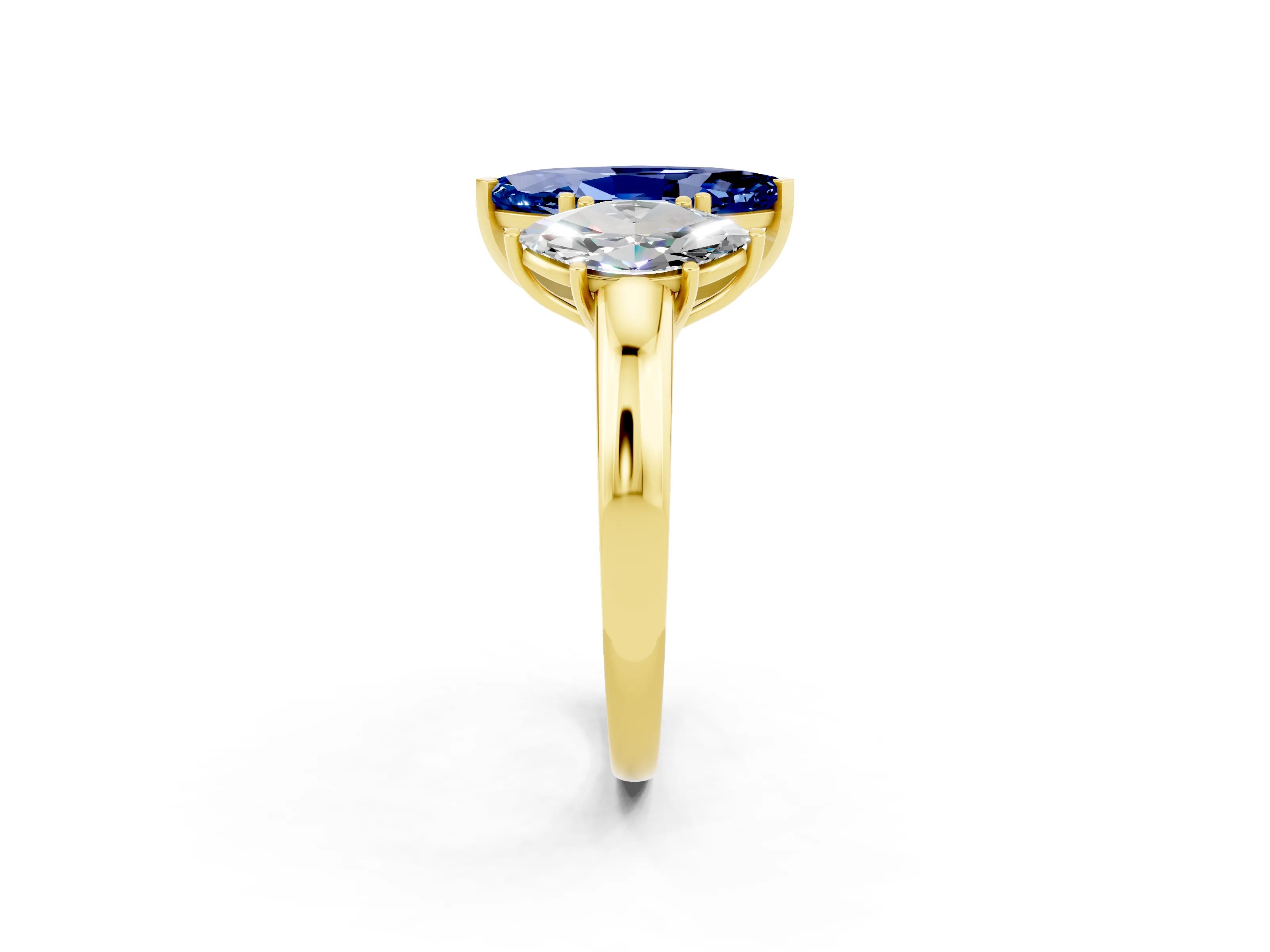 Yellow gold Marquise Cut Blue Sapphire Three-Stone Ring with Four-Prong Setting and Classic Band_2