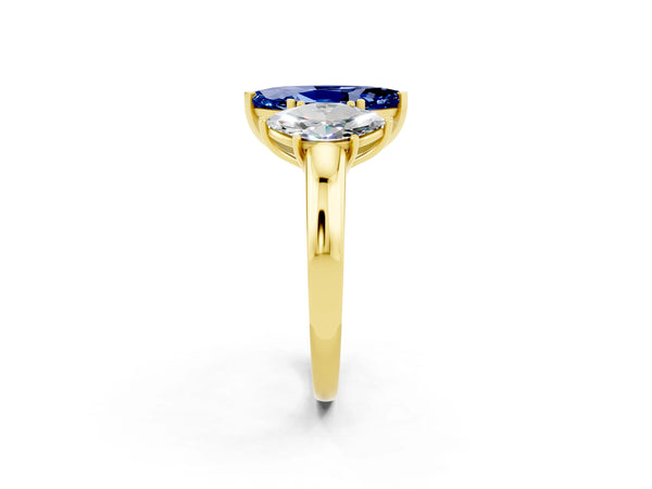 Yellow gold Marquise Cut Blue Sapphire Three-Stone Ring with Four-Prong Setting and Classic Band