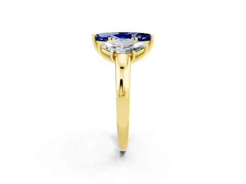 Yellow gold Marquise Cut Blue Sapphire Three-Stone Ring with Four-Prong Setting and Classic Band_2