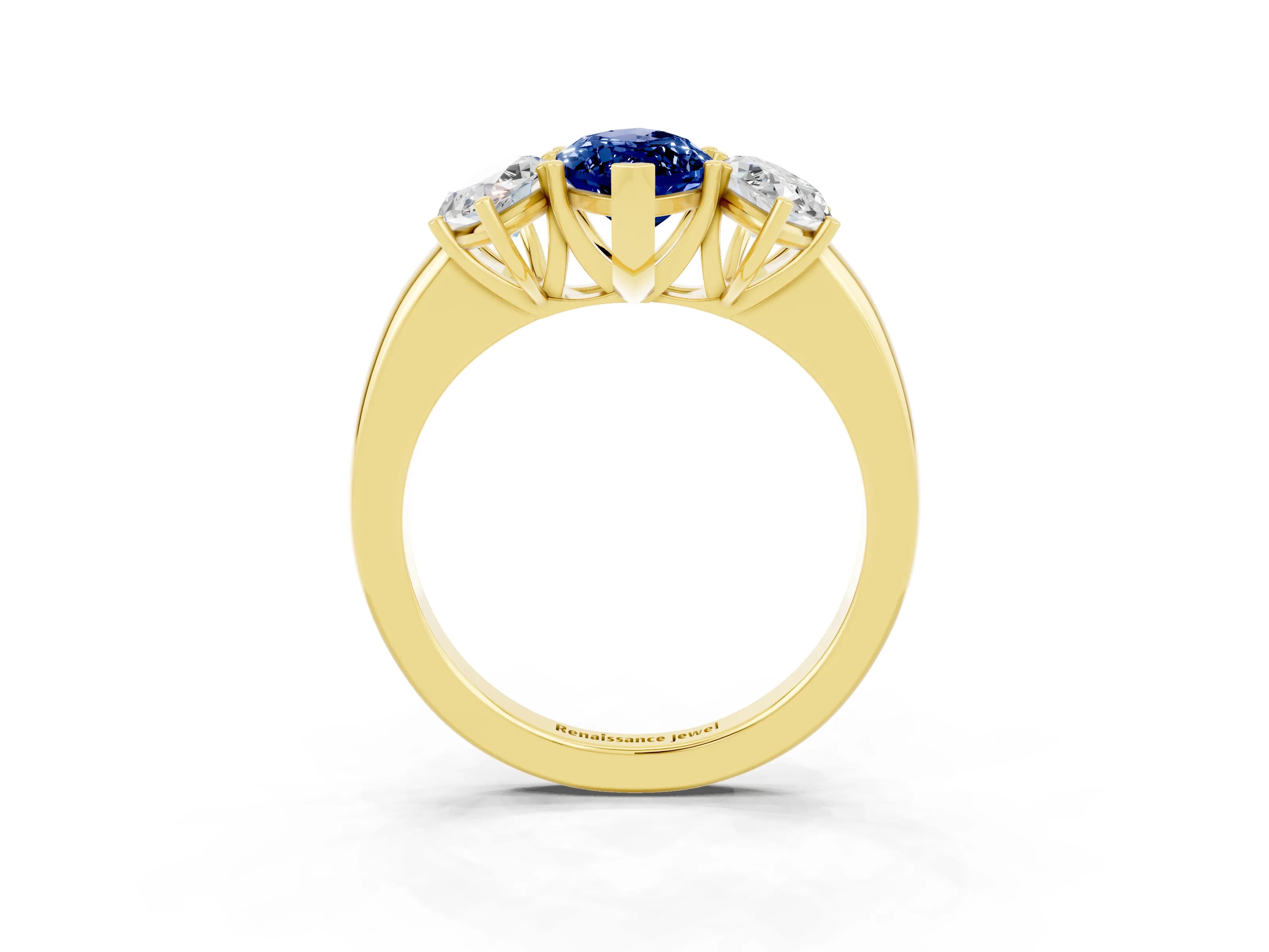 Yellow gold Marquise Cut Blue Sapphire Three-Stone Ring with Four-Prong Setting and Classic Band_3