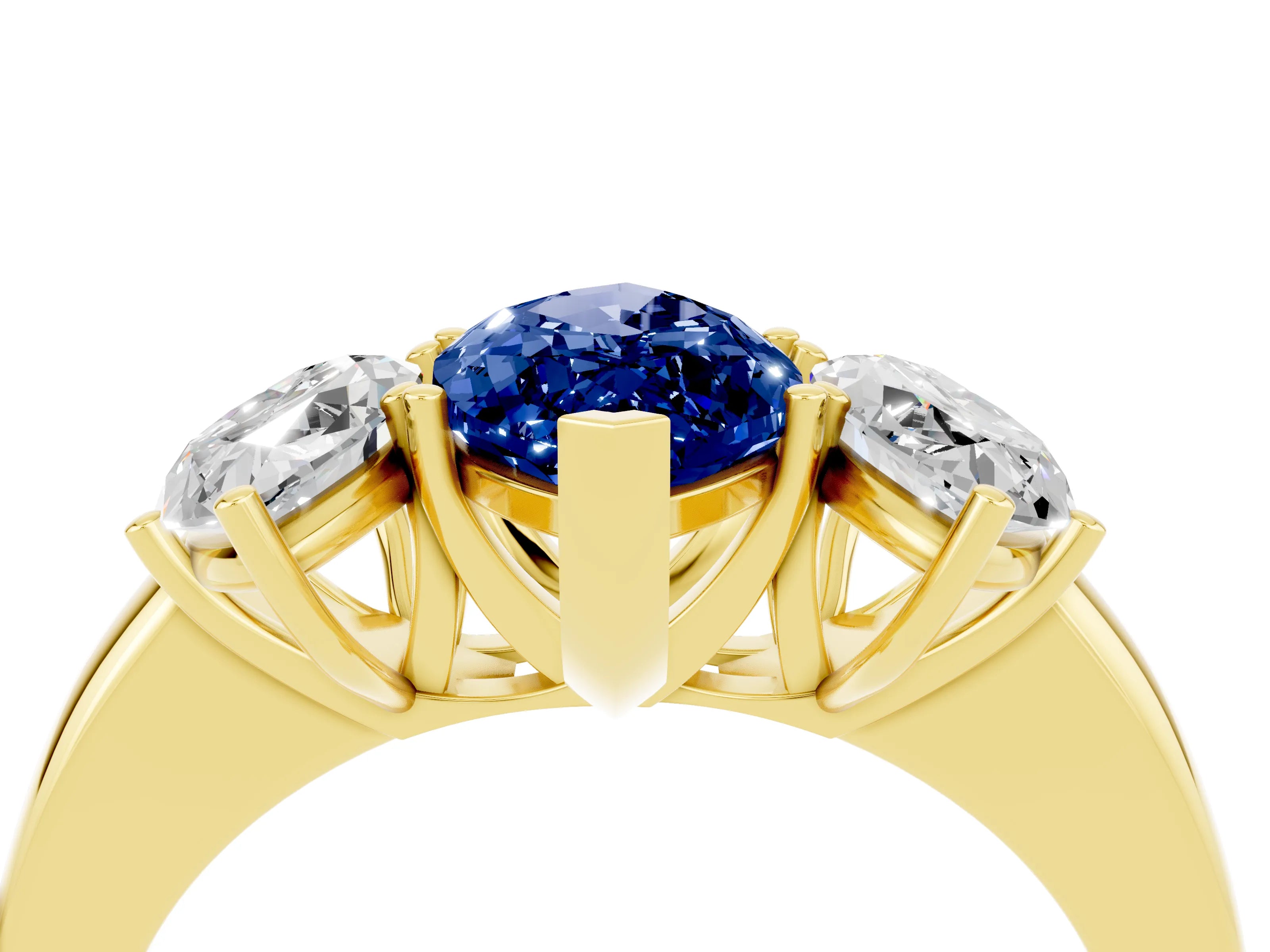 Yellow gold Marquise Cut Blue Sapphire Three-Stone Ring with Four-Prong Setting and Classic Band_4