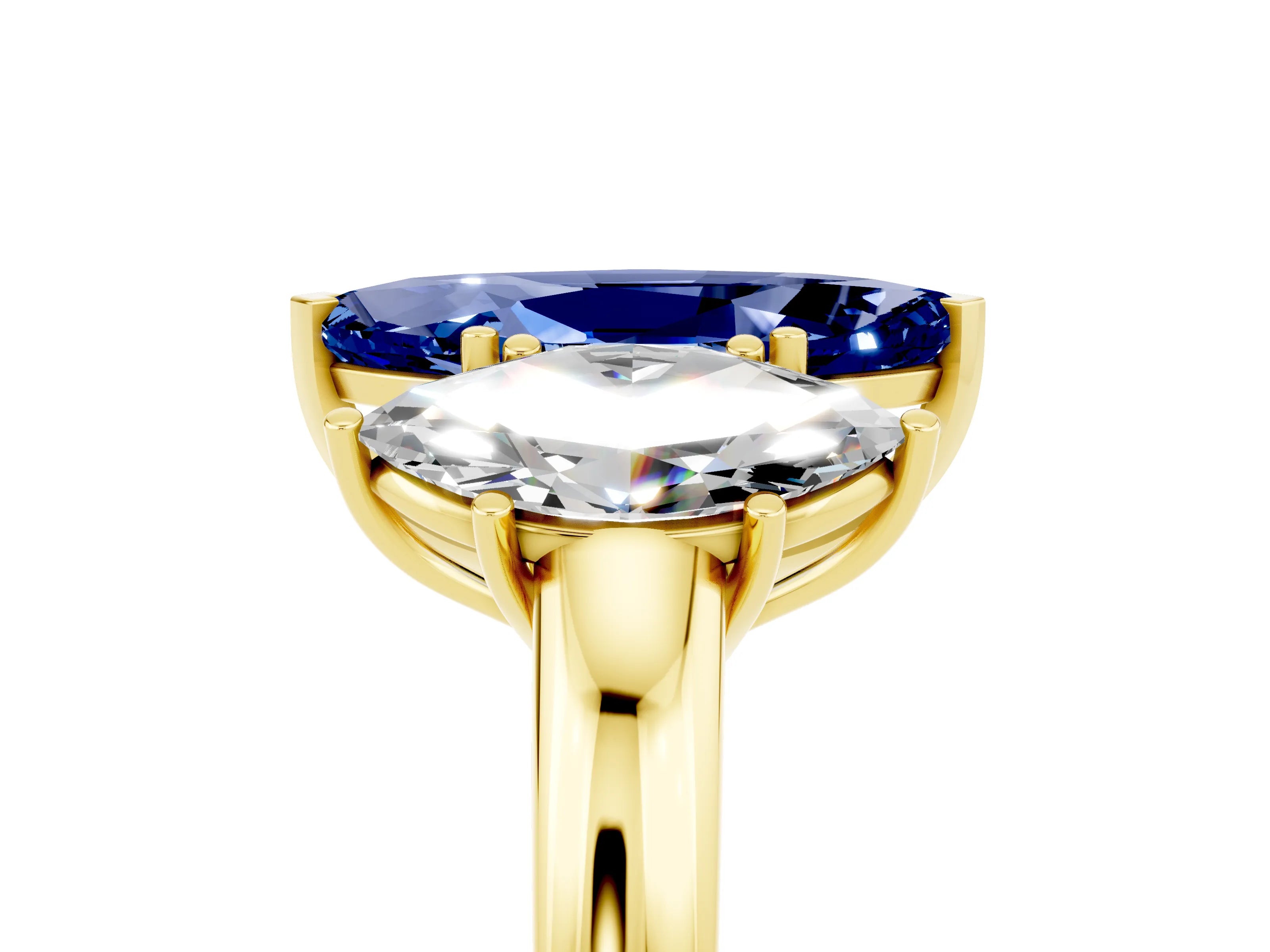 Yellow gold Marquise Cut Blue Sapphire Three-Stone Ring with Four-Prong Setting and Classic Band_5