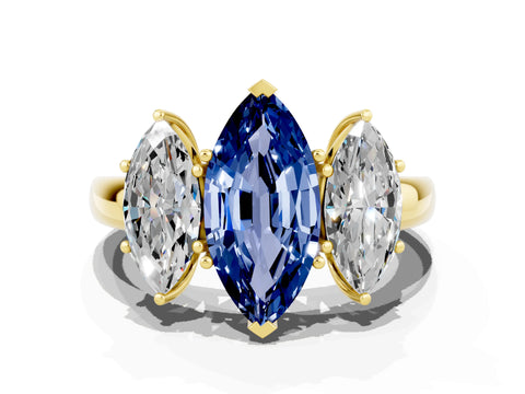 Yellow gold Marquise Cut Blue Sapphire Three-Stone Ring with Four-Prong Setting and Classic Band