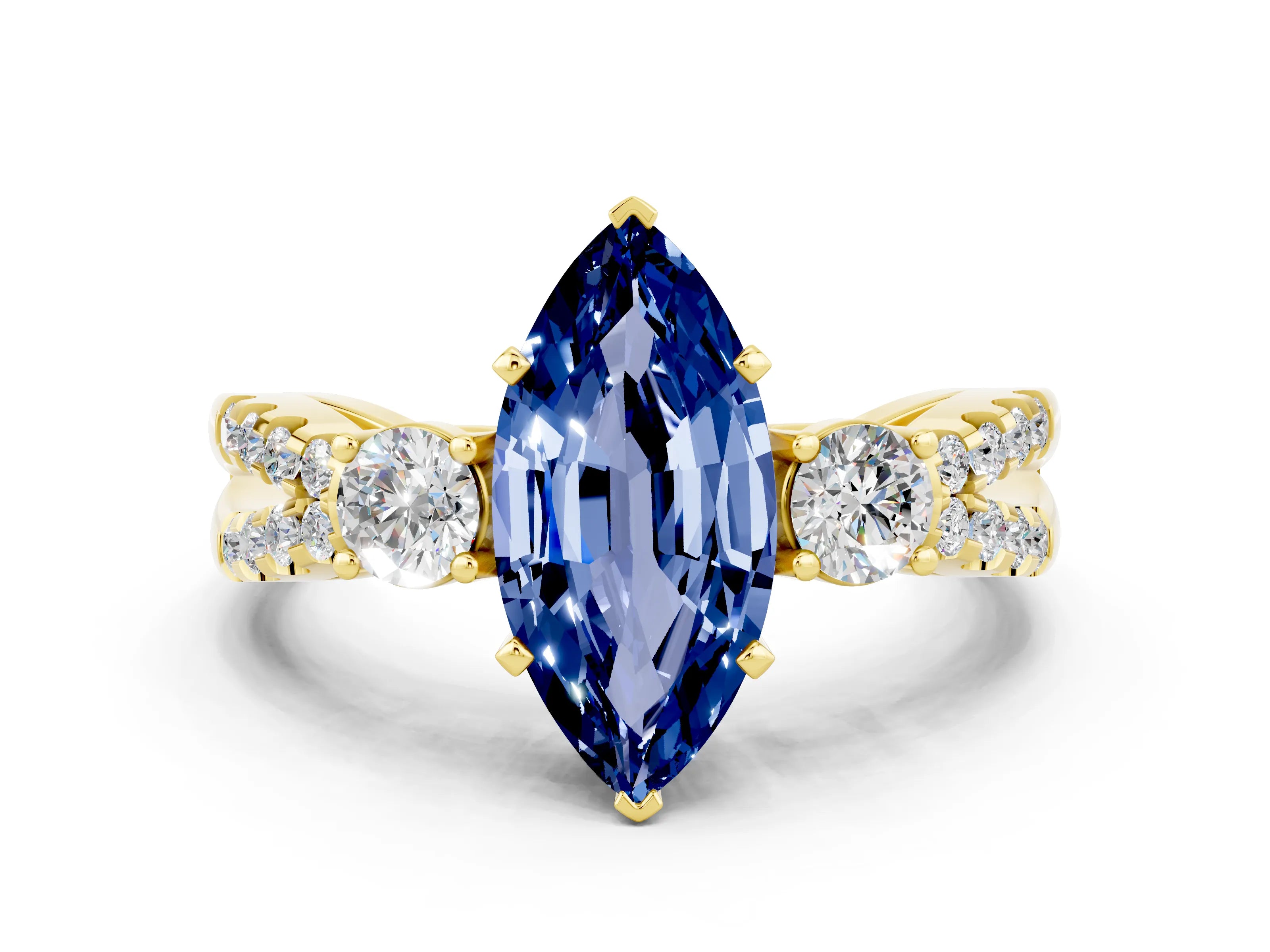Yellow gold Marquise Cut Blue Sapphire Three-Stone Ring with Pavé Split Shank and Four-Prong Setting_12