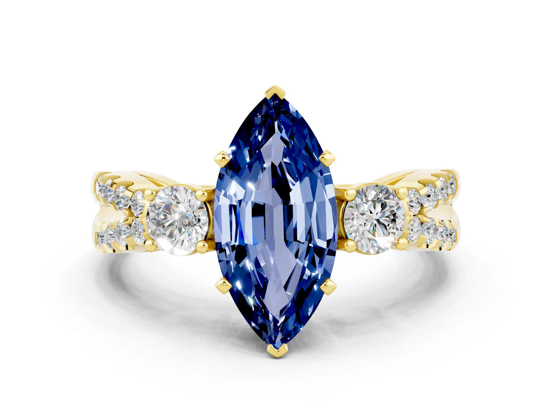 Yellow gold Marquise Cut Blue Sapphire Three-Stone Ring with Pavé Split Shank and Four-Prong Setting_12
