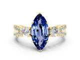 Yellow gold Marquise Cut Blue Sapphire Three-Stone Ring with Pavé Split Shank and Four-Prong Setting_12
