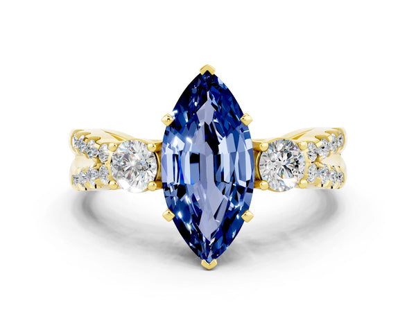 Yellow gold Marquise Cut Blue Sapphire Three-Stone Ring with Pavé Split Shank and Four-Prong Setting