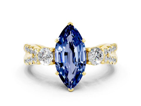 Yellow gold Marquise Cut Blue Sapphire Three-Stone Ring with Pavé Split Shank and Four-Prong Setting_12