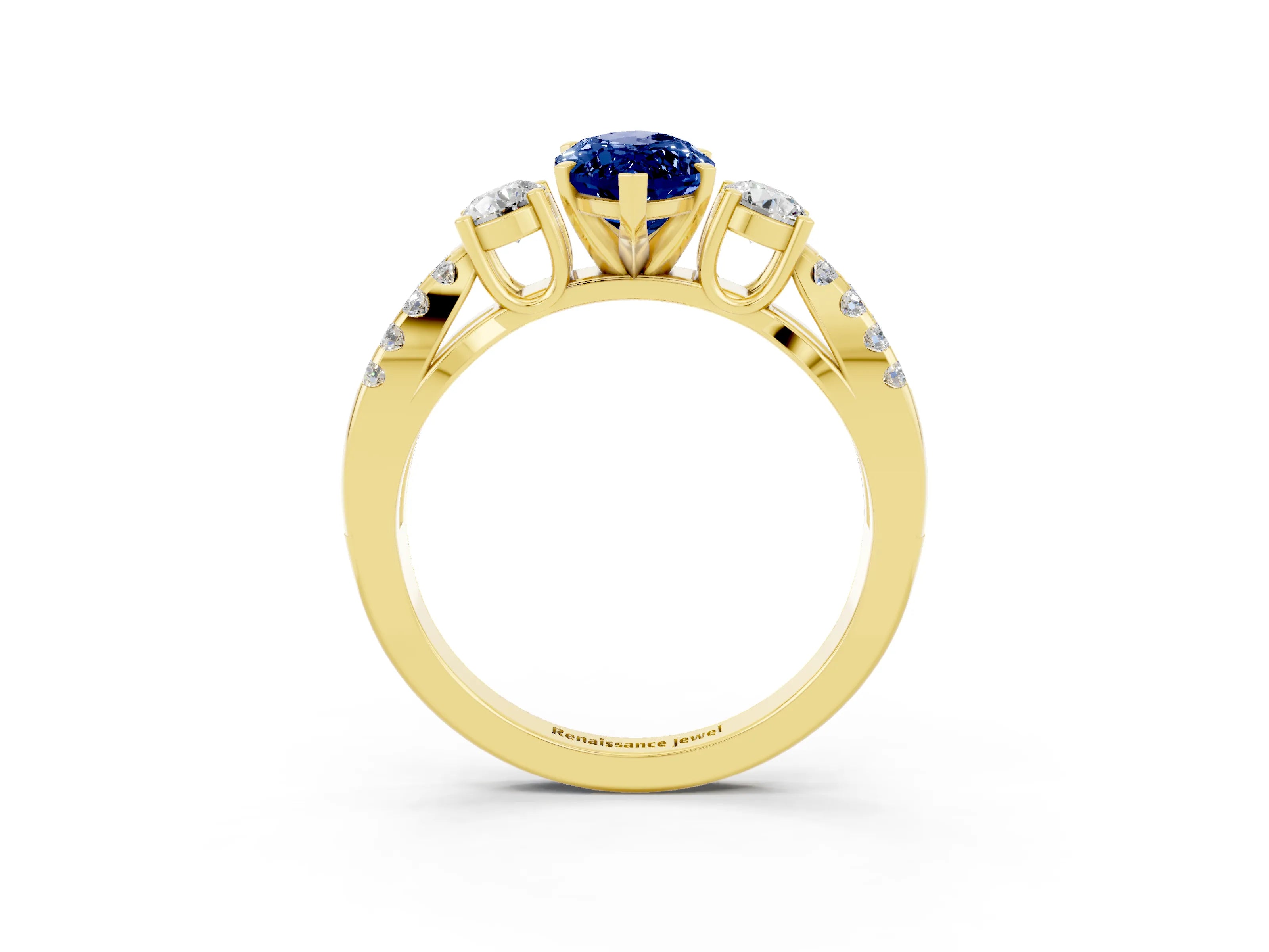 Yellow gold Marquise Cut Blue Sapphire Three-Stone Ring with Pavé Split Shank and Four-Prong Setting_15