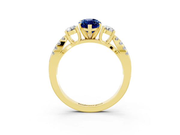Yellow gold Marquise Cut Blue Sapphire Three-Stone Ring with Pavé Split Shank and Four-Prong Setting
