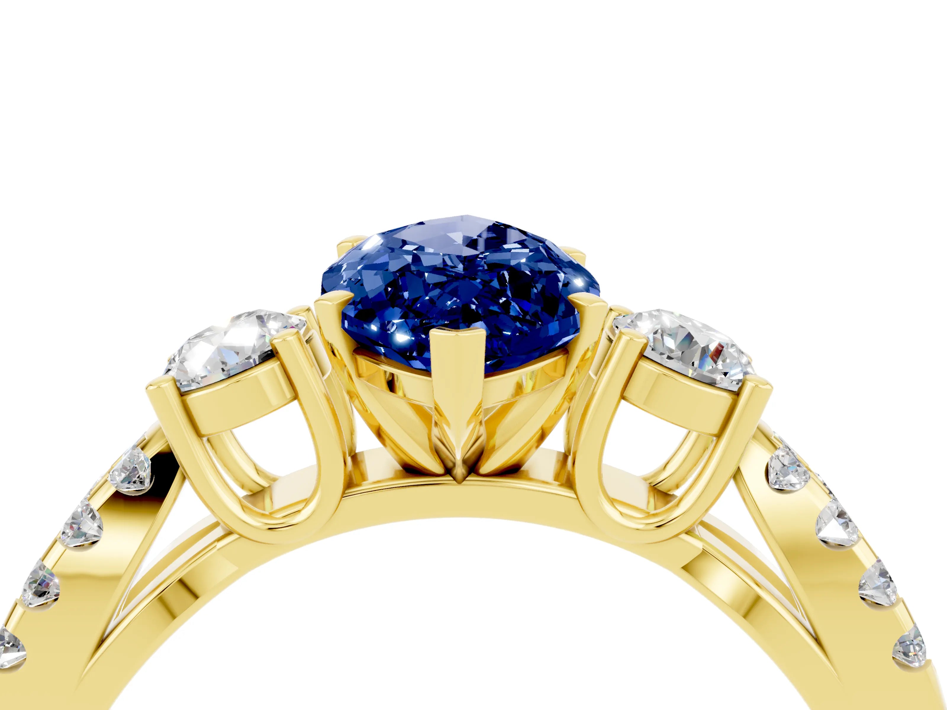 Yellow gold Marquise Cut Blue Sapphire Three-Stone Ring with Pavé Split Shank and Four-Prong Setting_16