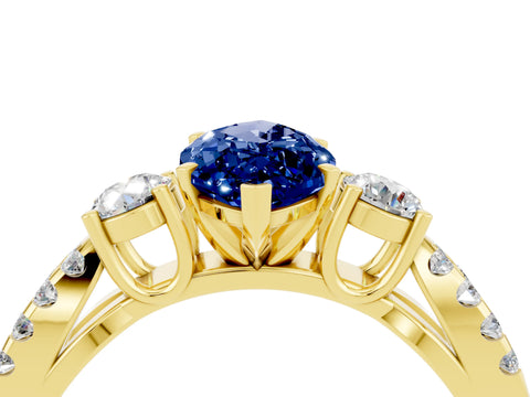 Yellow gold Marquise Cut Blue Sapphire Three-Stone Ring with Pavé Split Shank and Four-Prong Setting_16