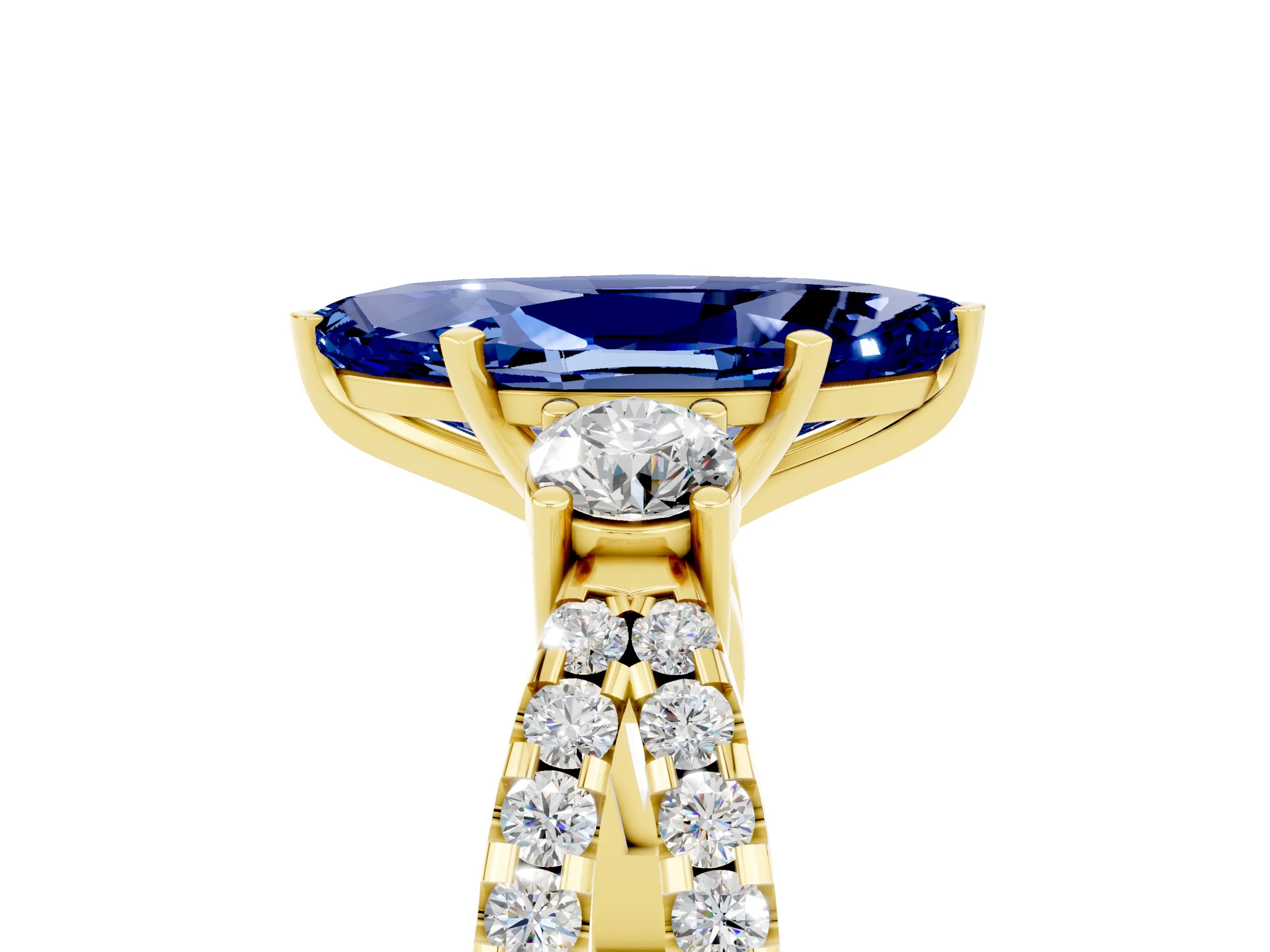 Yellow gold Marquise Cut Blue Sapphire Three-Stone Ring with Pavé Split Shank and Four-Prong Setting_17