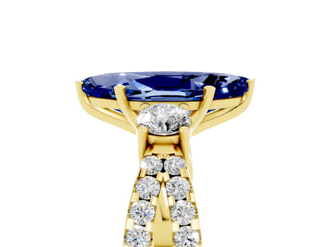 Yellow gold Marquise Cut Blue Sapphire Three-Stone Ring with Pavé Split Shank and Four-Prong Setting_17