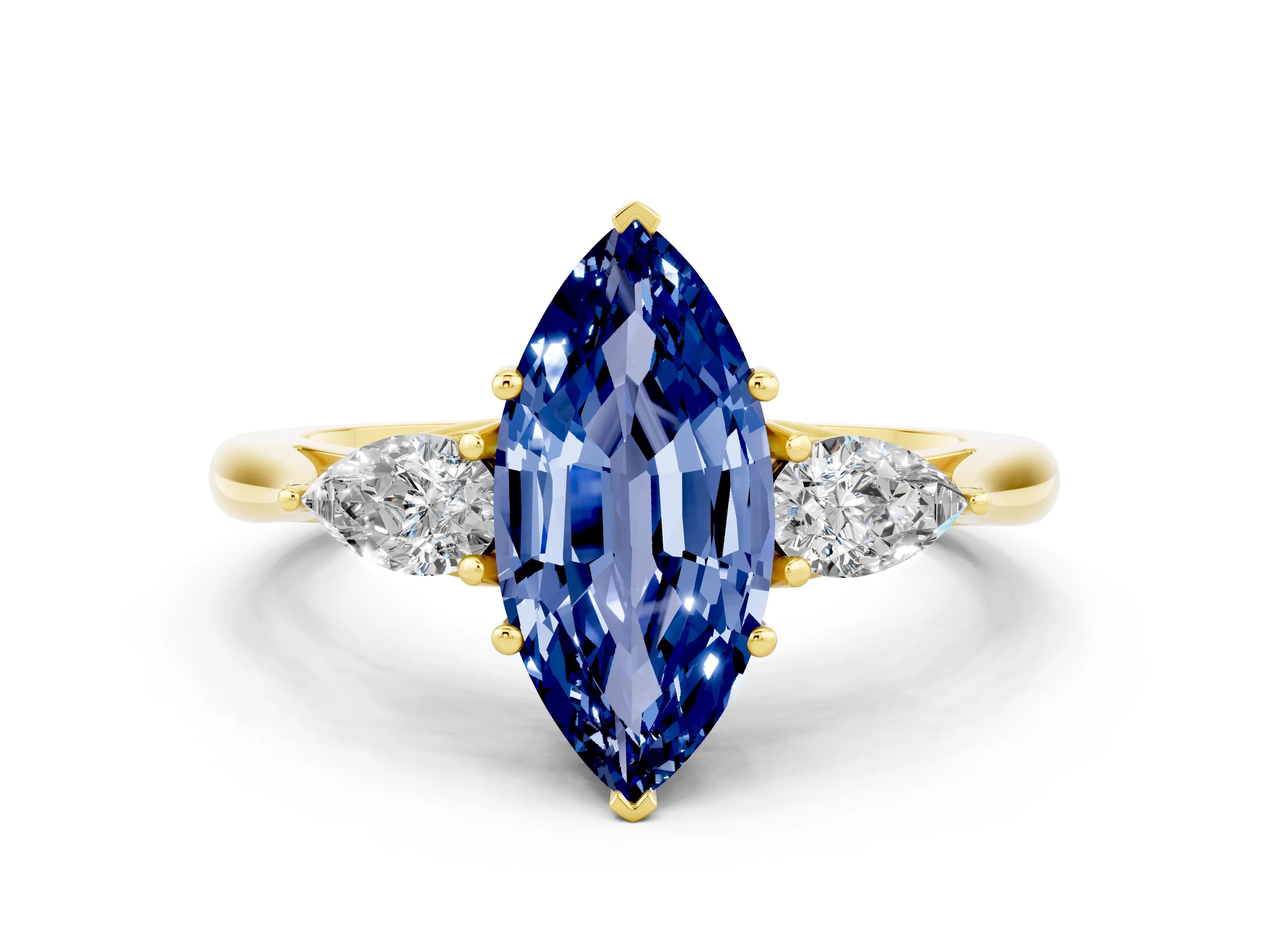 Yellow gold Marquise Cut Blue Sapphire Three-Stone Ring with Pear Side Stones and Four-Prong Setting_12