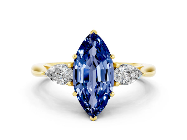 Yellow gold Marquise Cut Blue Sapphire Three-Stone Ring with Pear  Side Stones and Prong Setting