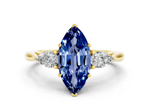 Yellow gold Marquise Cut Blue Sapphire Three-Stone Ring with Pear Side Stones and Four-Prong Setting_12
