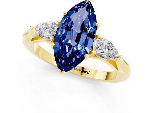 Yellow gold Marquise Cut Blue Sapphire Three-Stone Ring with Pear  Side Stones and Prong Setting