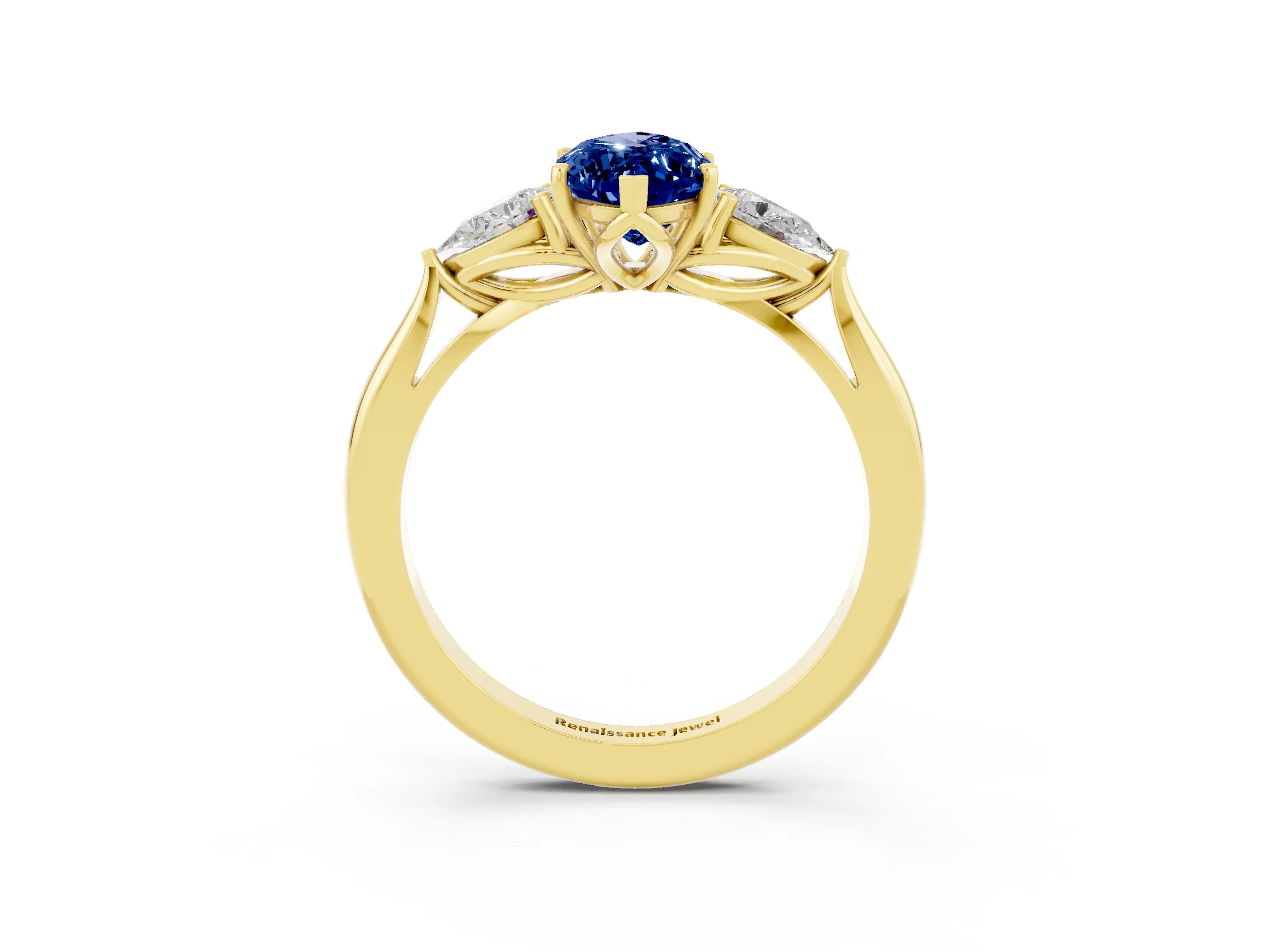 Yellow gold Marquise Cut Blue Sapphire Three-Stone Ring with Pear Side Stones and Four-Prong Setting_15
