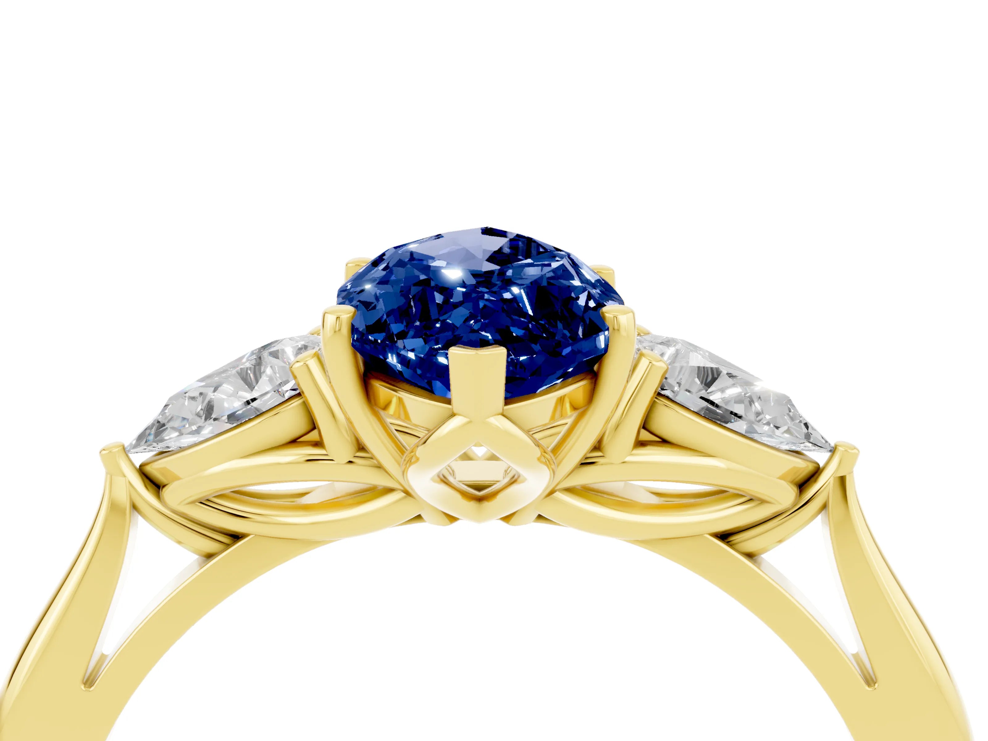 Yellow gold Marquise Cut Blue Sapphire Three-Stone Ring with Pear Side Stones and Four-Prong Setting_16