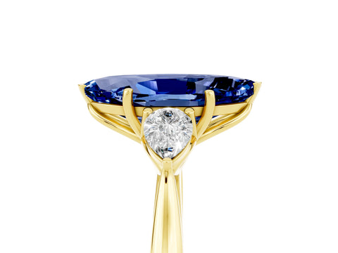 Yellow gold Marquise Cut Blue Sapphire Three-Stone Ring with Pear Side Stones and Four-Prong Setting_17