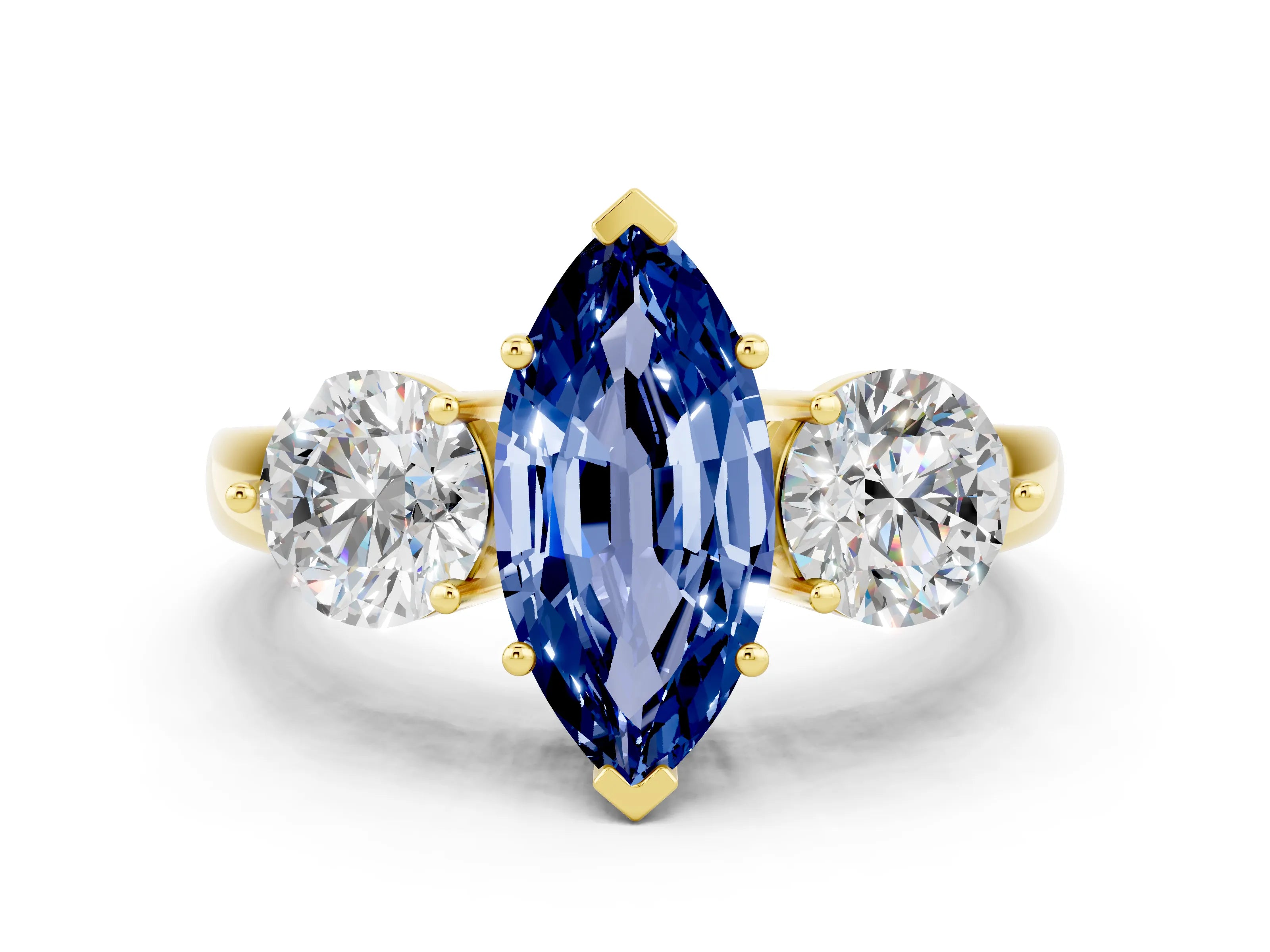 Yellow gold Marquise Cut Blue Sapphire Three-Stone Ring with Prong Setting and Classic Band