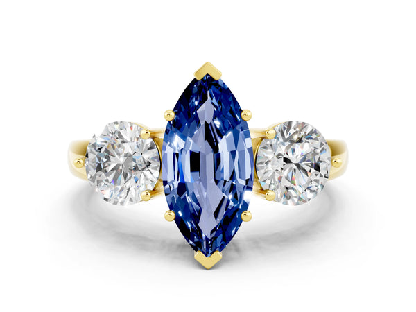 Yellow gold Marquise Cut Blue Sapphire Three-Stone Ring with Prong Setting and Classic Band