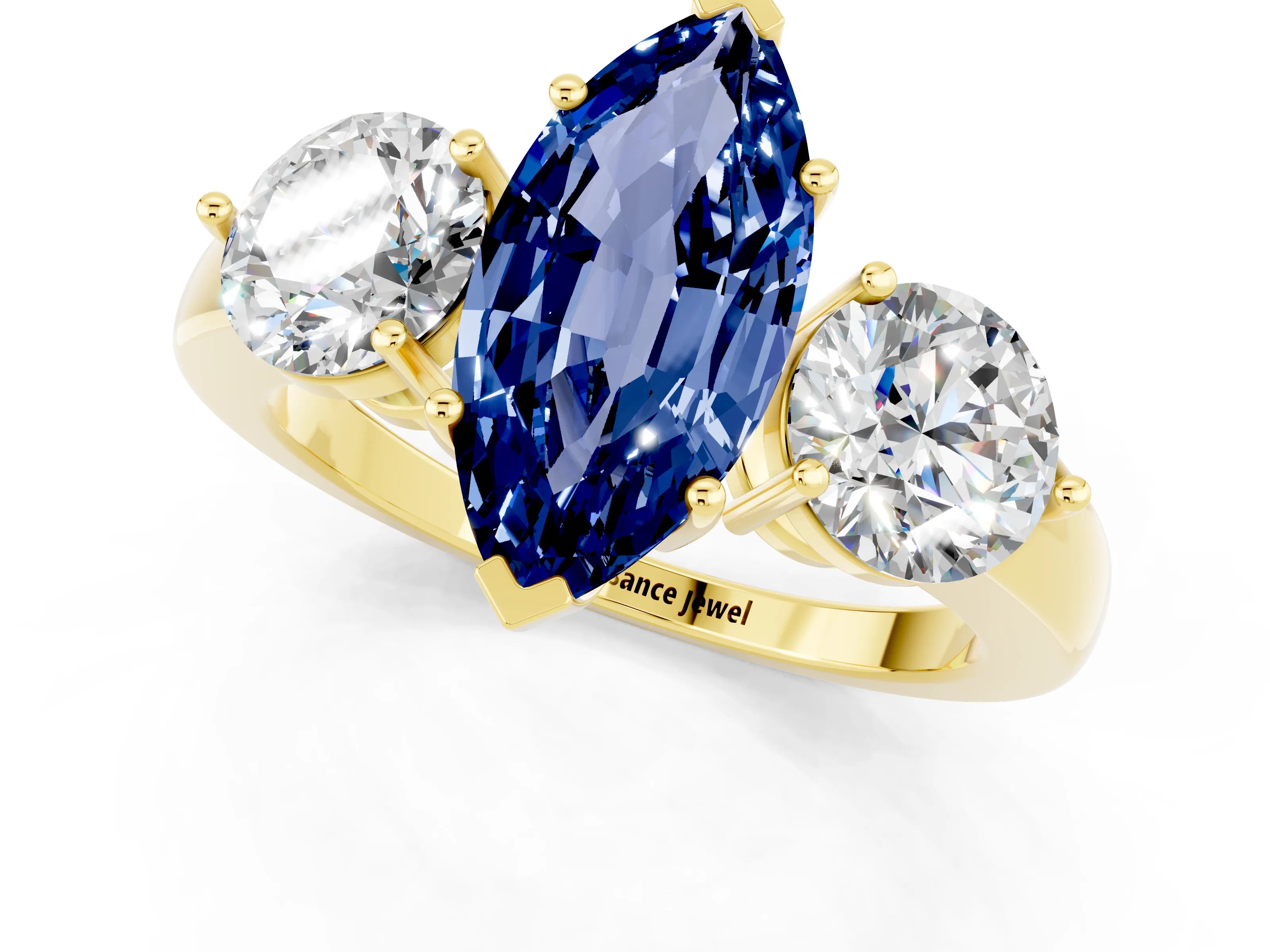 Yellow gold Marquise Cut Blue Sapphire Three-Stone Ring with Prong Setting and Classic Band_1