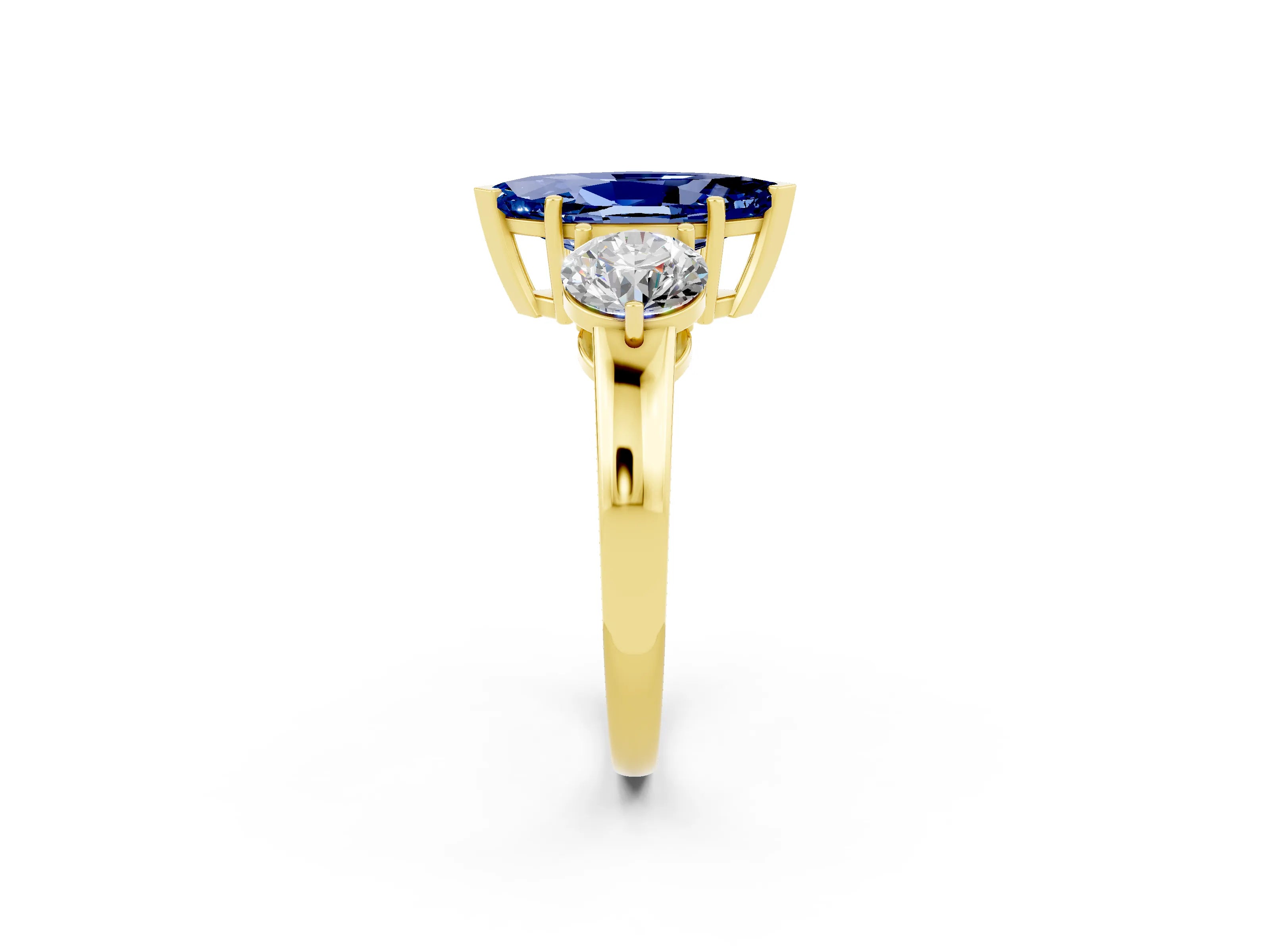 Yellow gold Marquise Cut Blue Sapphire Three-Stone Ring with Prong Setting and Classic Band_2