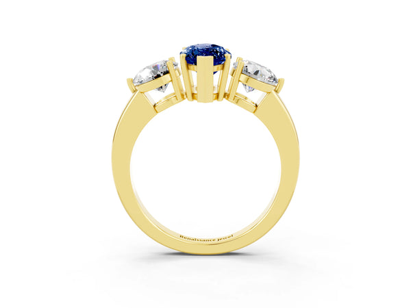 Yellow gold Marquise Cut Blue Sapphire Three-Stone Ring with Prong Setting and Classic Band