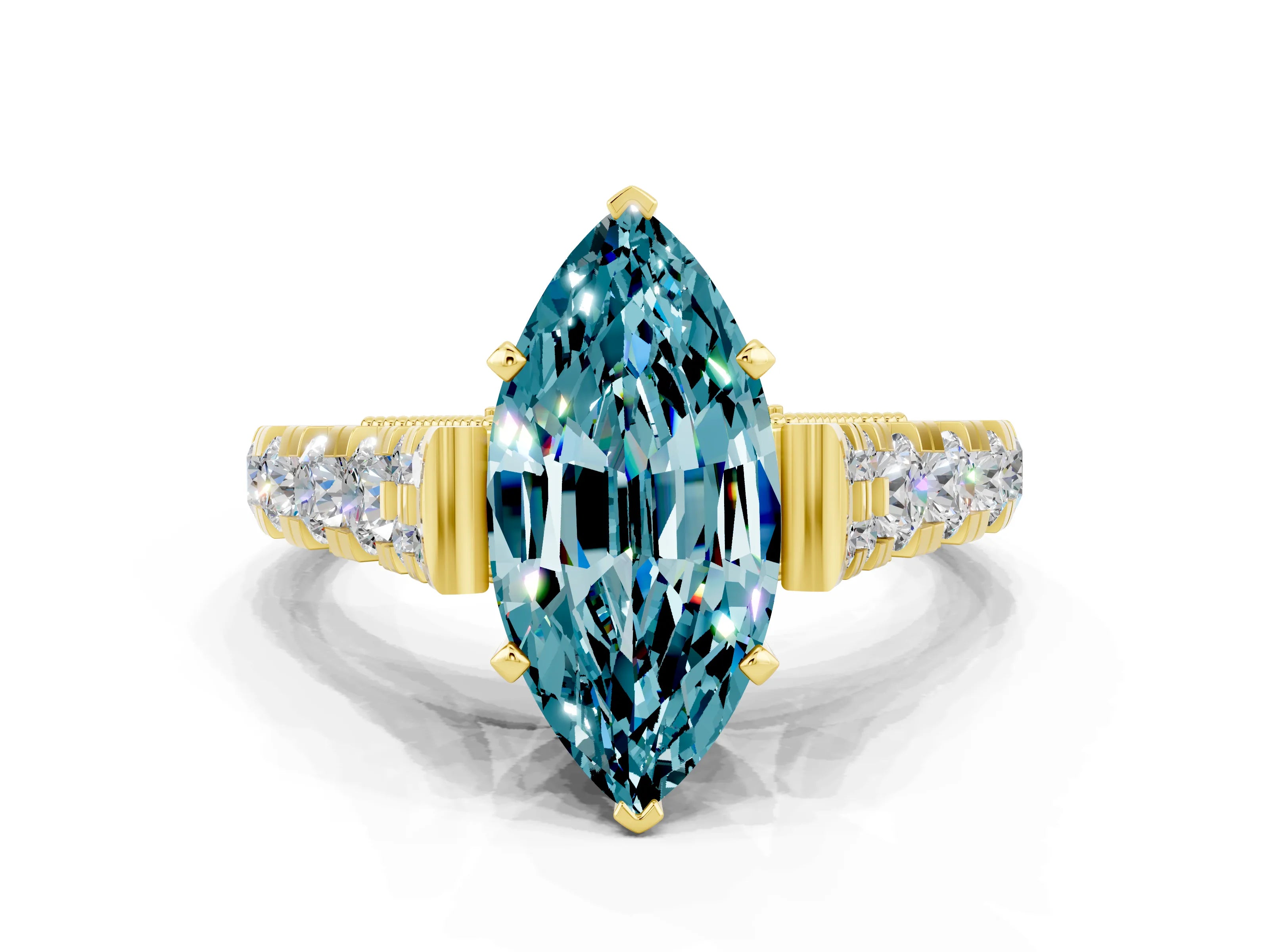 Yellow gold Marquise Cut Blue Topaz Classic Solitaire Ring with Pavé Band and Four-Prong Setting