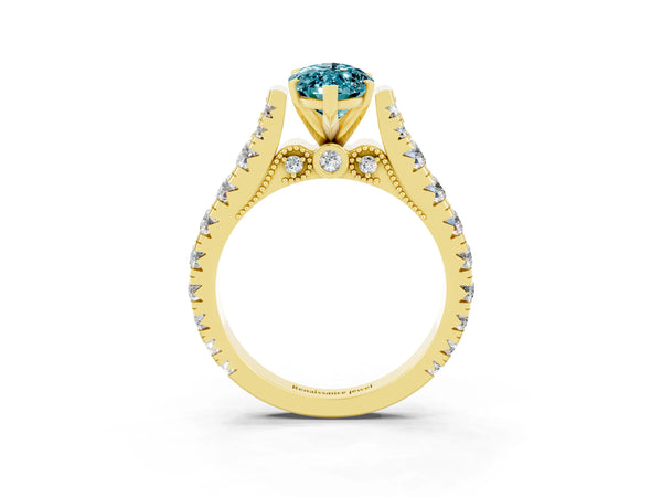 Yellow gold Marquise Cut Blue Topaz Classic Solitaire Ring with Pavé Band and Four-Prong Setting