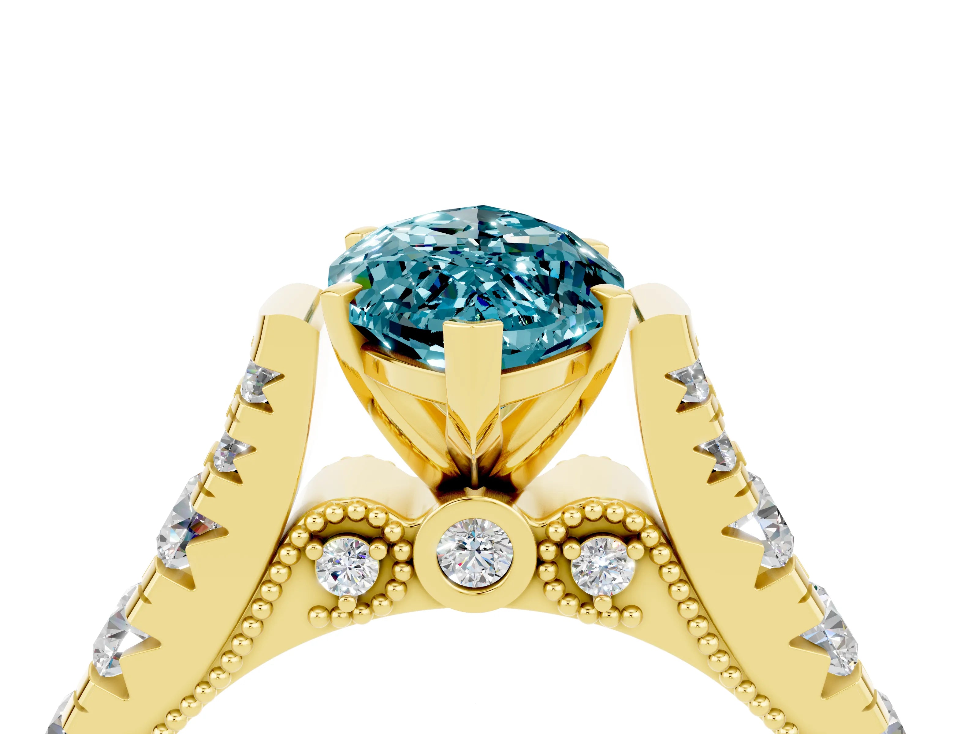 Yellow gold Marquise Cut Blue Topaz Classic Solitaire Ring with Pavé Band and Four-Prong Setting_4