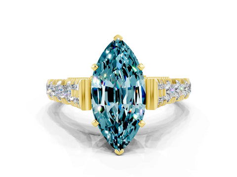 Yellow gold Marquise Cut Blue Topaz Classic Solitaire Ring with Pavé Band and Four-Prong Setting