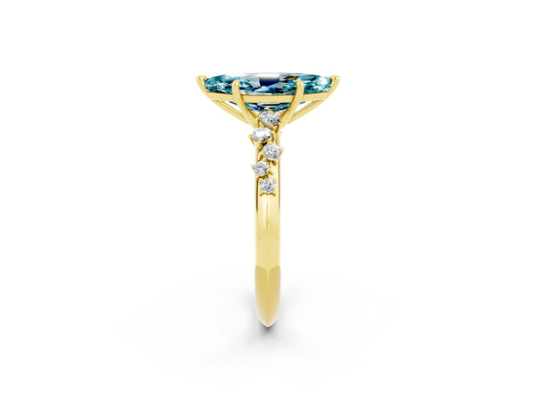Yellow Gold Marquise Blue Topaz Graduated Cluster Solitaire Engagement Ring with Open Basket