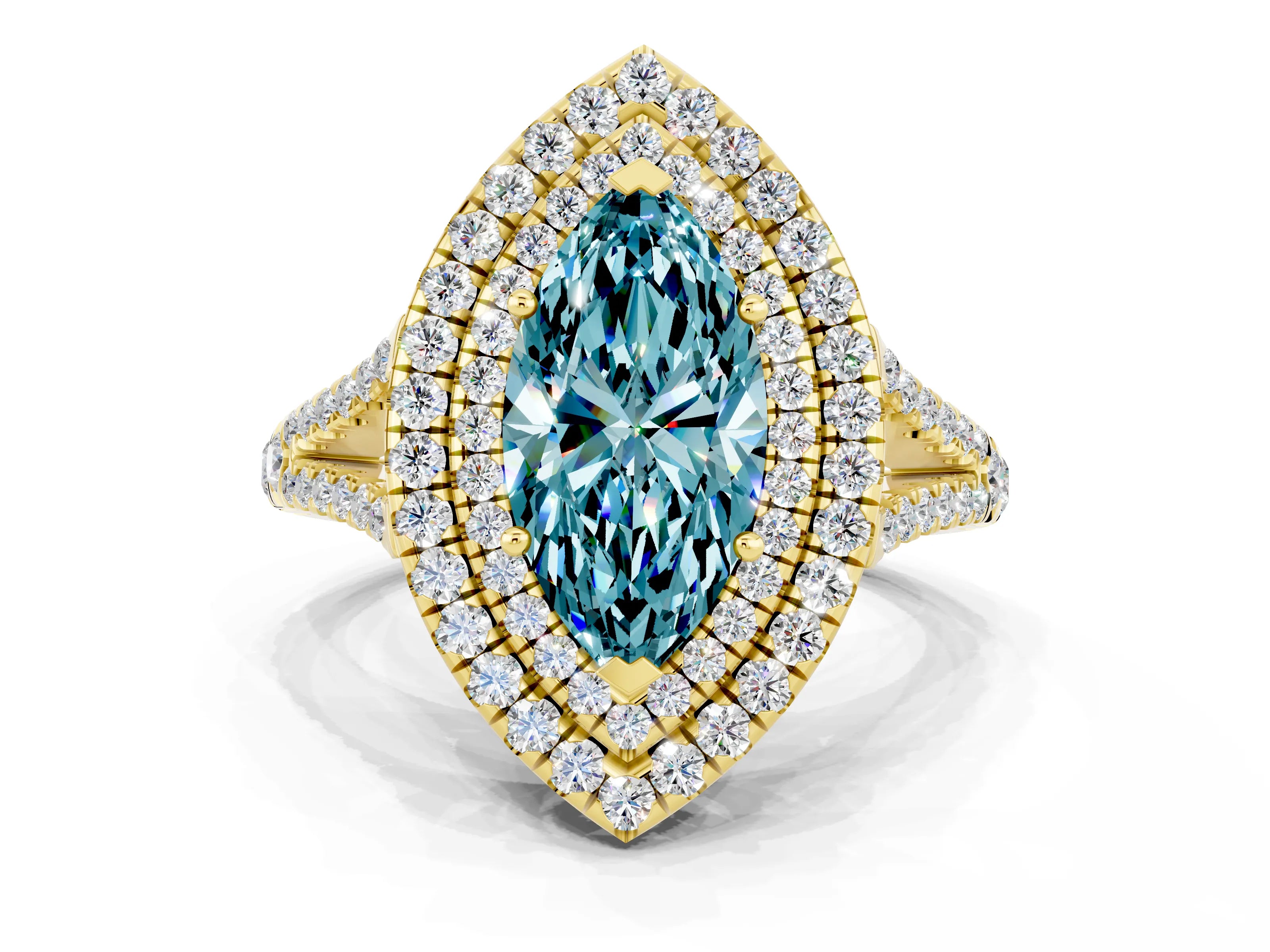 Yellow gold Marquise Cut Blue Topaz Double Halo Ring with Pavé Band and Prong Setting_24