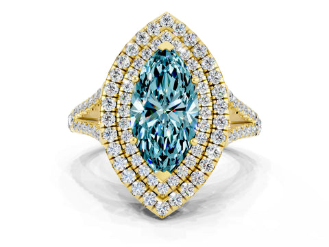 Yellow gold Marquise Cut Blue Topaz Double Halo Ring with Pavé Band and Prong Setting_24