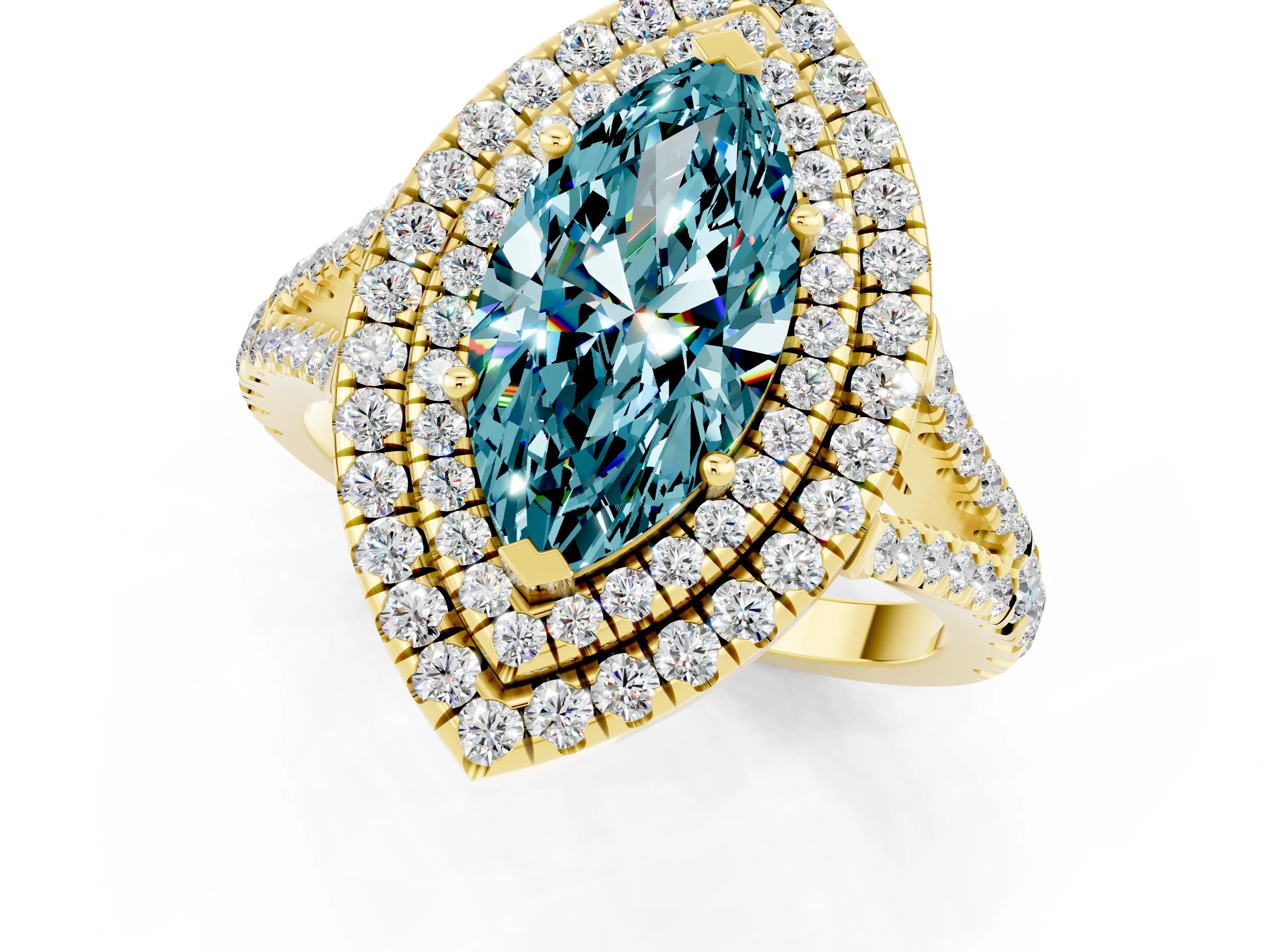 Yellow gold Marquise Cut Blue Topaz Double Halo Ring with Pavé Band and Prong Setting_25
