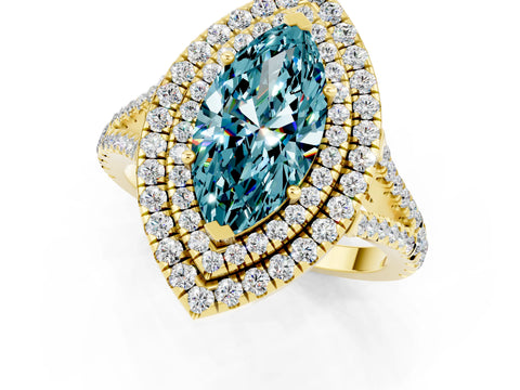 Yellow gold Marquise Cut Blue Topaz Double Halo Ring with Pavé Band and Prong Setting_25