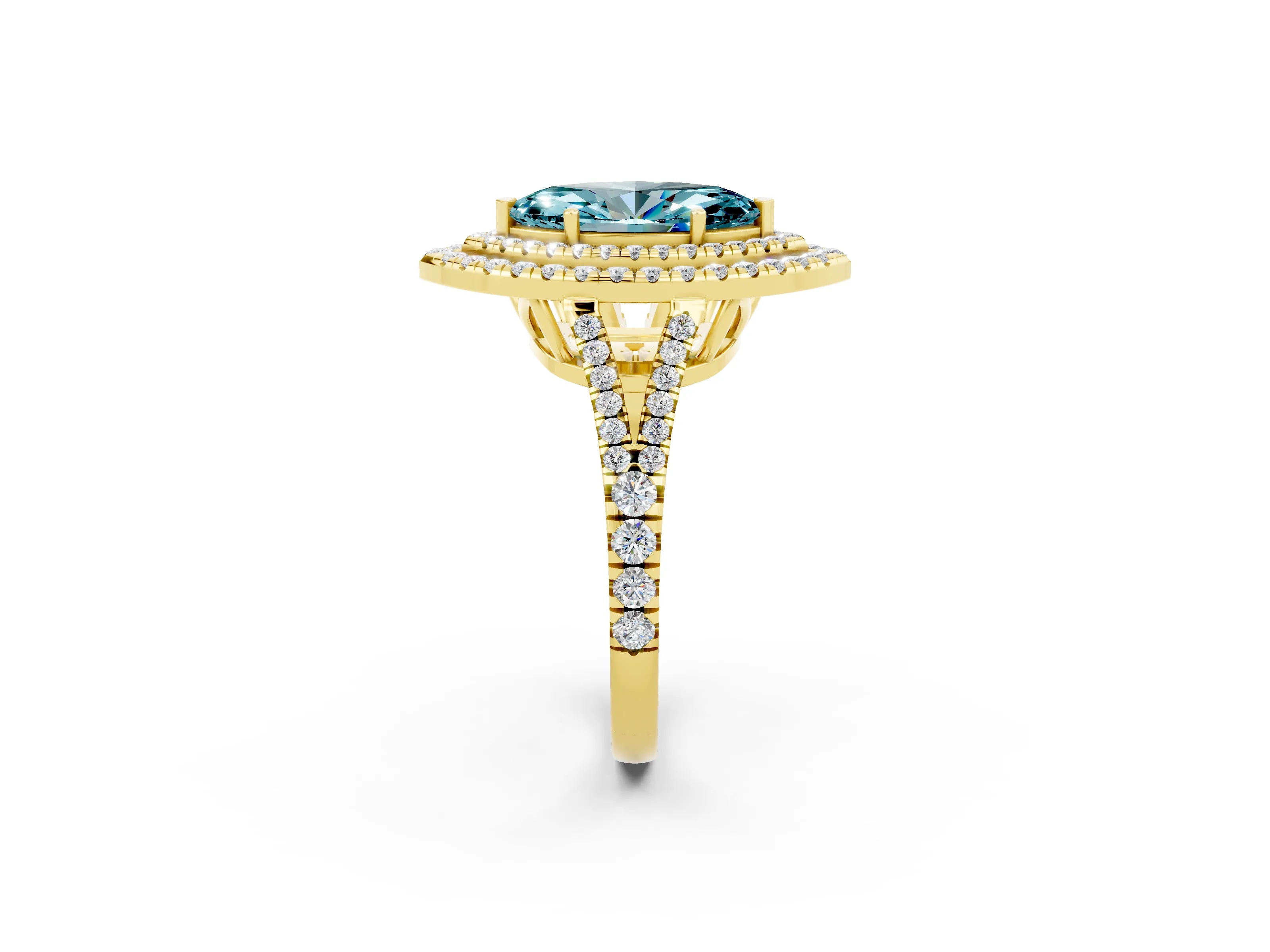 Yellow gold Marquise Cut Blue Topaz Double Halo Ring with Pavé Band and Prong Setting_26