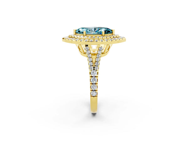 Yellow gold Marquise Cut Blue Topaz Double Halo Ring with Pavé Band and Prong Setting