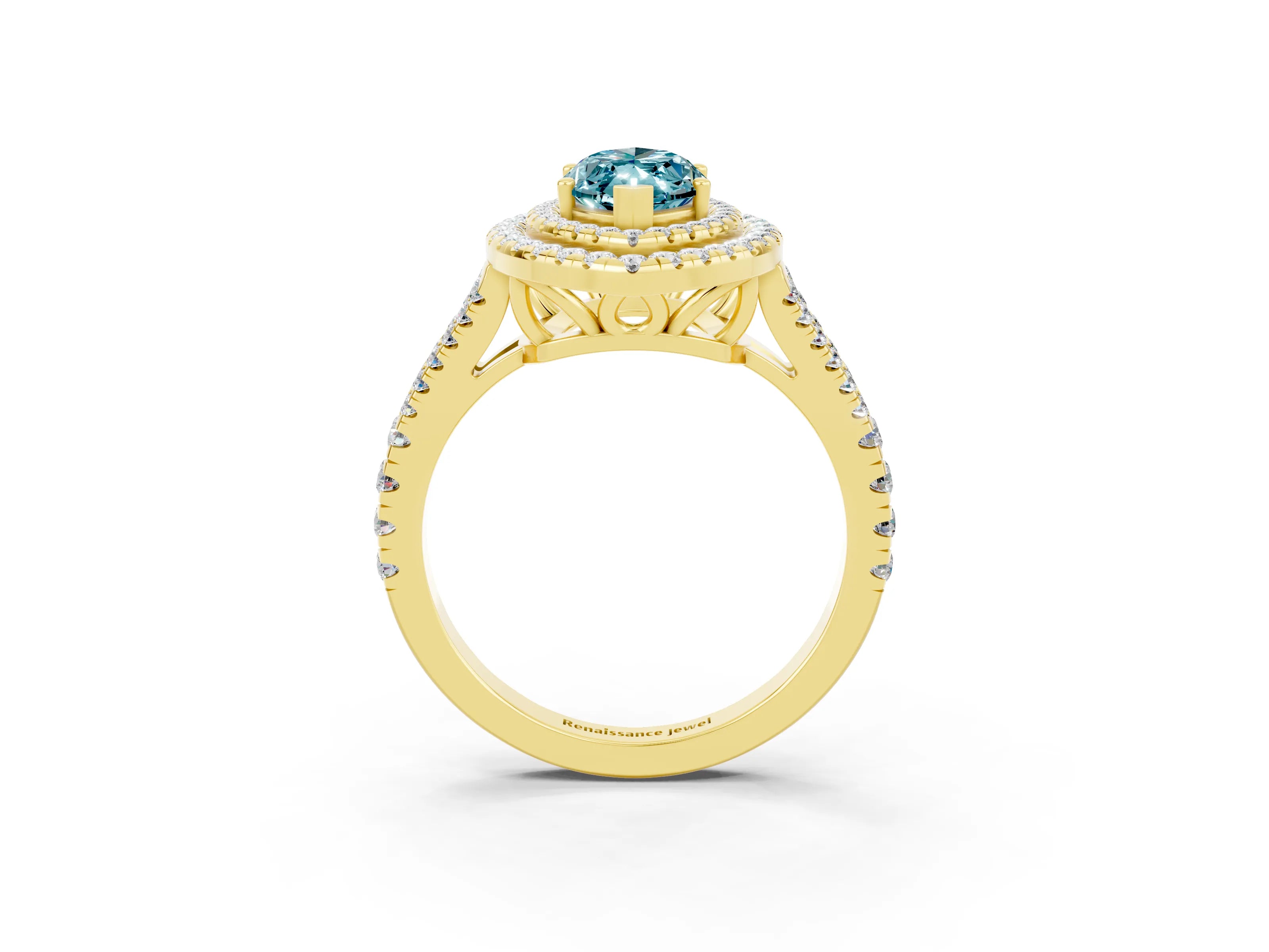 Yellow gold Marquise Cut Blue Topaz Double Halo Ring with Pavé Band and Prong Setting_27